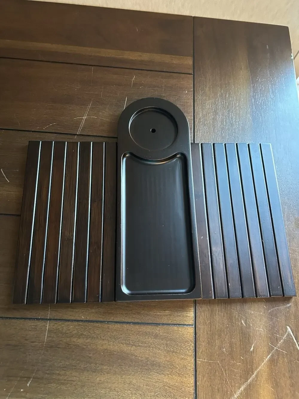 Bamboo Couch Cup Holder Tray Flexible Armrest Sofa Table Dark Brown